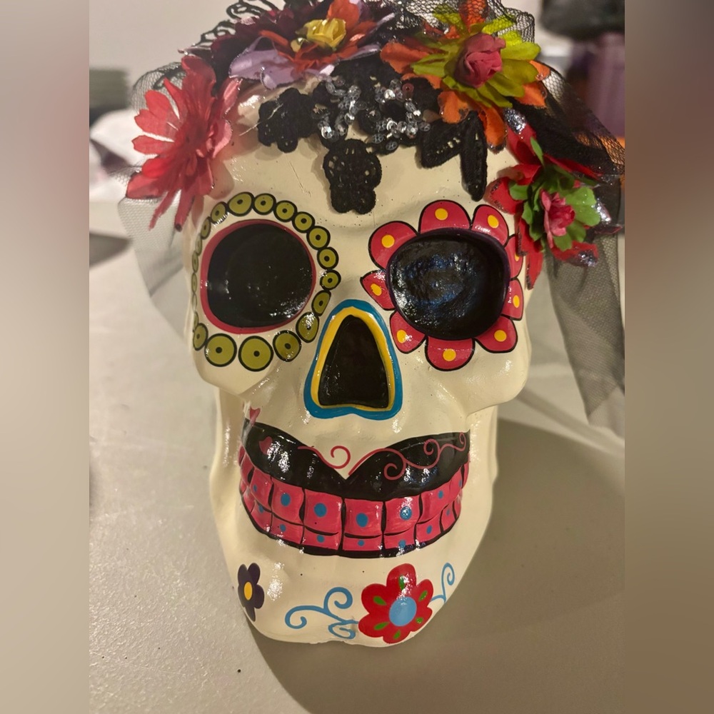 Pier1 imports- beautifully, colorfully painted Day of the Dead Bride Skull Decor